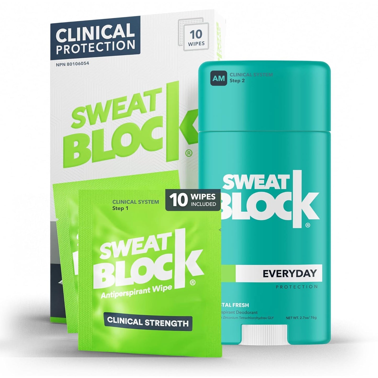 SweatBlock Antiperspirant Deodorant System for Men & Women. Prescription Strength Regimen - Hyperhidrosis Aid for Excessive Sweating & Underarm Odor. Up to 7-days Sweat Control (10 Wipes+2.7oz Stick)