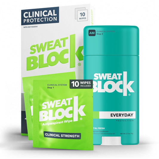 SweatBlock Antiperspirant Deodorant System for Men & Women. Prescription Strength Regimen - Hyperhidrosis Aid for Excessive Sweating & Underarm Odor. Up to 7-days Sweat Control (10 Wipes+2.7oz Stick)