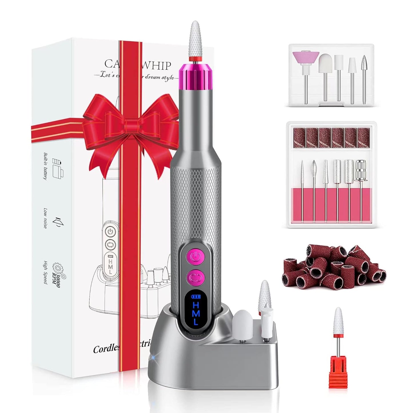 Nail Drill CANDWHIP, Cordless Electric Nail Drill Professional Efile Nail Drill Kit for Acrylic, Gel Nails, Manicure Pedicure Polishing Shape Tools Design for Home Salon Use Gray