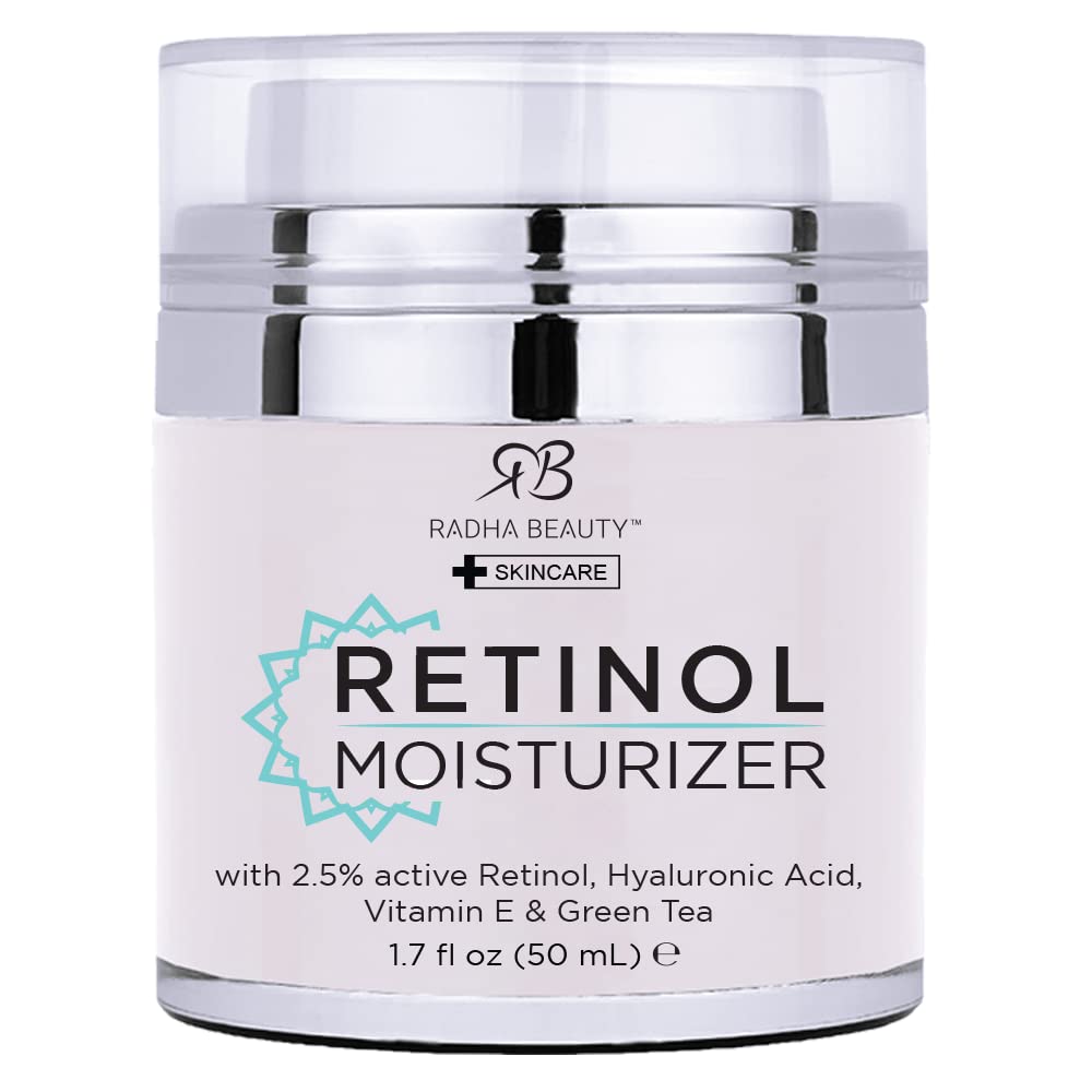 Radha Beauty Moisturizing Miracle Retinol Cream for Face - with 2.5% Retinol, Hyaluronic Acid, Vitamin E and Green Tea. Luxury Night and Day Anti-Aging Wrinkle Cream 1.7 fl oz.