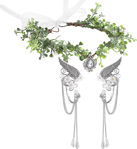 Zeyune Halloween Elves Cosplay Set Fairy Flower Crown Headpiece Elf Ears Cuffs Renaissance Flower Leaf Elves Wings Ear Cuff