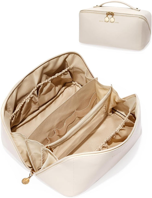 EACHY Travel Makeup Bag,Large Capacity Cosmetic Bags for Women,Waterproof Portable Pouch Open Flat Toiletry Bag Make up Organizer with Divider and Handle