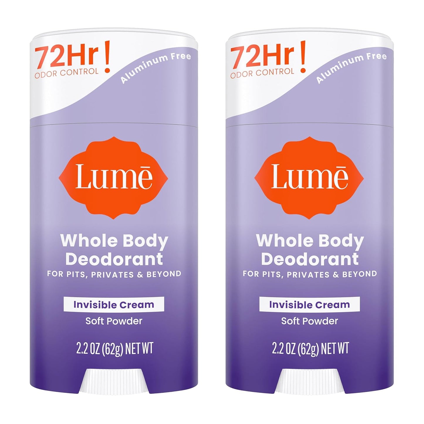 Lume Whole Body Deodorant - Invisible Cream Stick - 72 Hour Odor Control - Aluminum Free, Baking Soda Free, Skin Safe - 2.2 Ounce (Pack of 2) (Soft Powder)