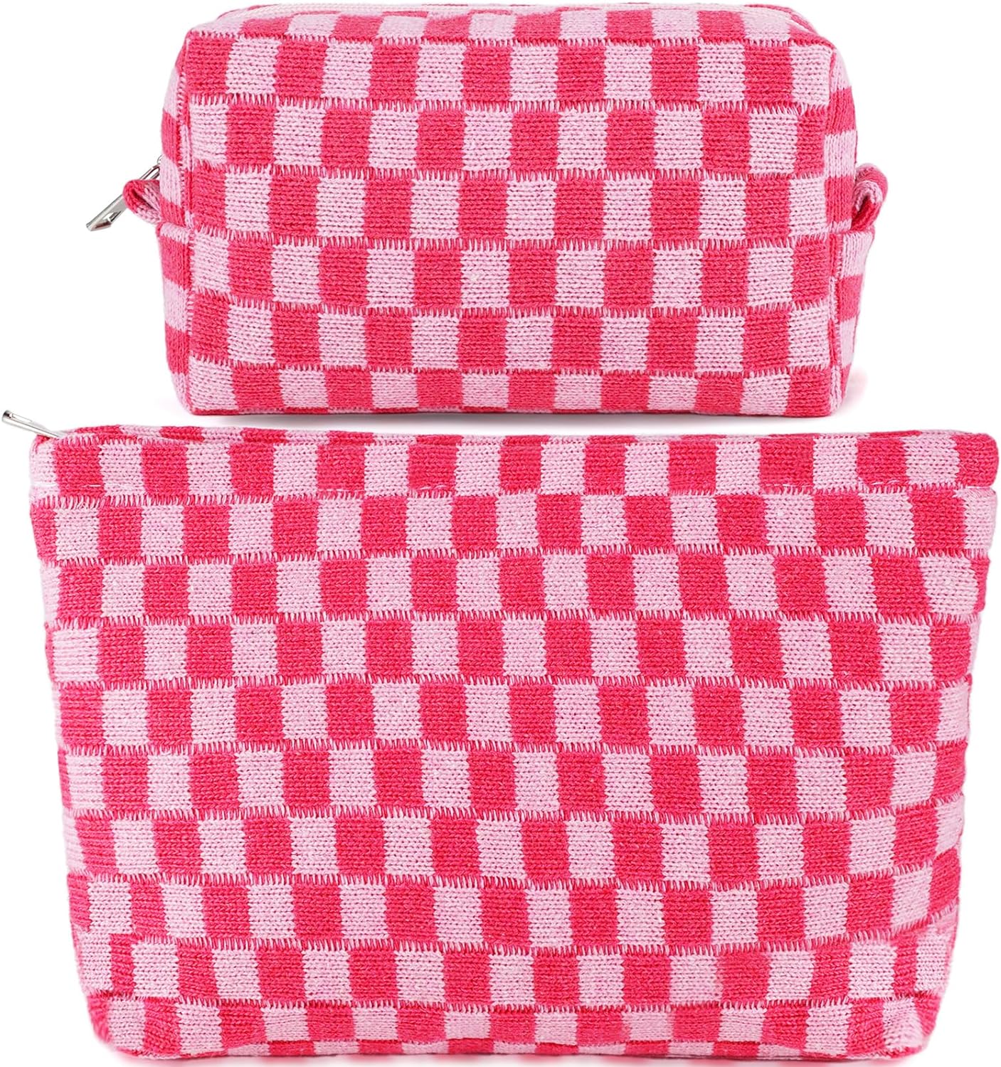 ZLFSRQ 2Pcs Checkered Makeup Bag for Women Large Capacity Pink Cosmetic Bag Set Travel Makeup Pouch for Purse Zipper Toiletry Organizer Cute Y2K Aesthetic Trendy Girls Makeup Brushes Storage Bag