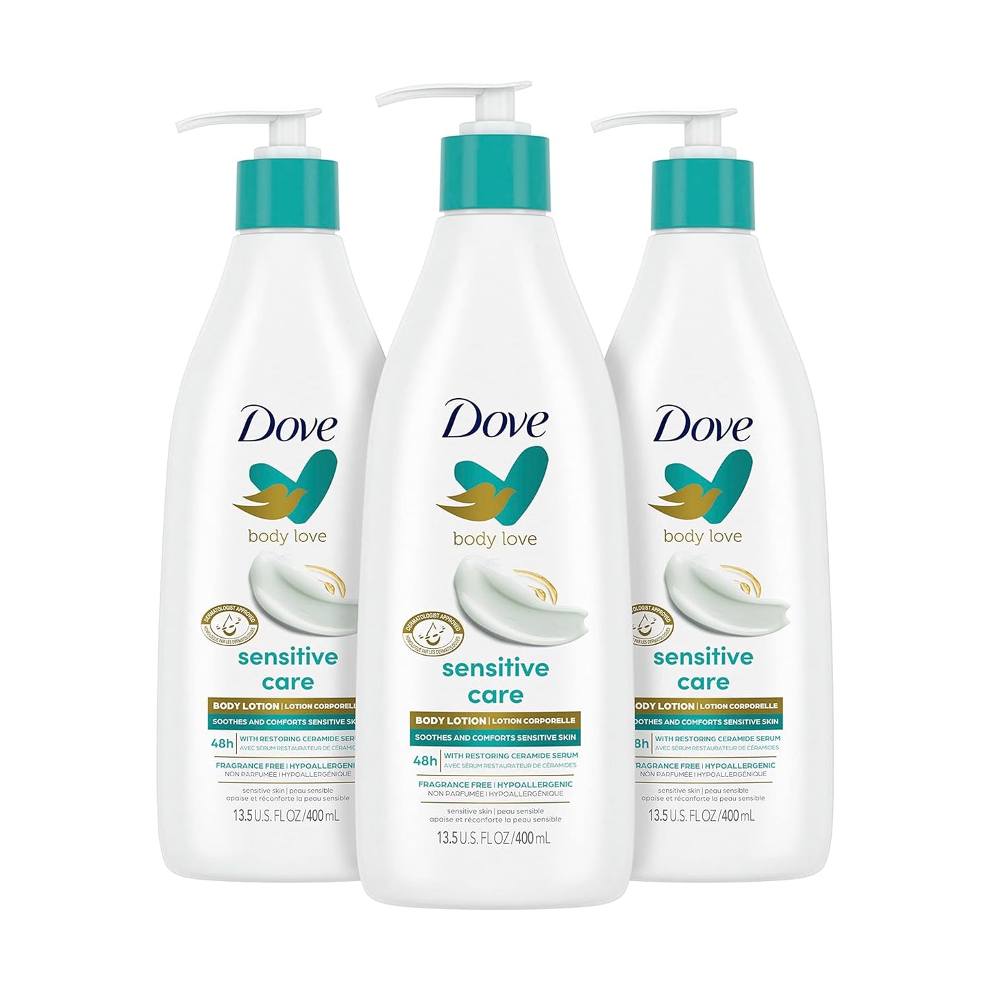 Dove Body Love Sensitive Care Body Lotion Pack of 3 Soothes and Comforts Sensitive Skin Hypoallergenic Lotion with Restoring Ceramide Serum 13.5 oz