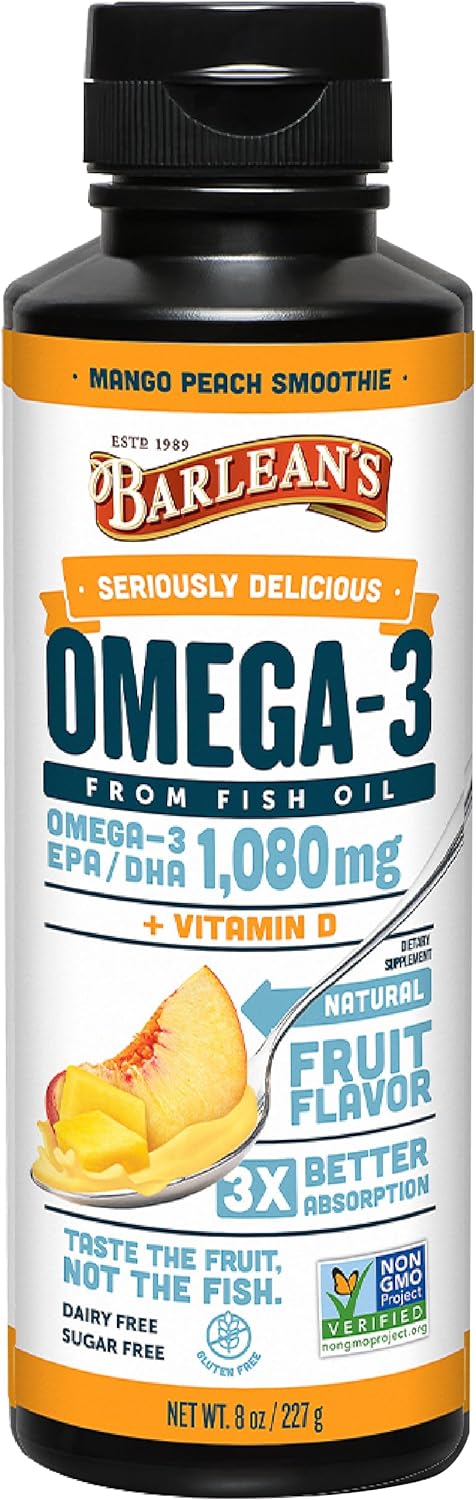 Barlean's Mango Peach Omega 3 Fish Oil Liquid Supplement with Vitamin D, 1080mg EPA & DHA Fatty Acid, Smoothie Flavored & Burpless for Brain, Joint, & Heart Health, 8 oz