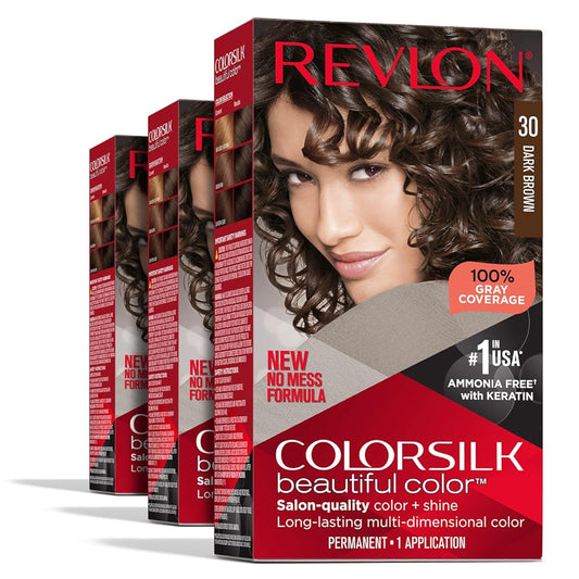 Revlon Permanent Hair Color, Permanent Brown Hair Dye, Colorsilk with 100% Gray Coverage, Ammonia-Free, Keratin and Amino Acids, Brown Shades (Pack of 3)