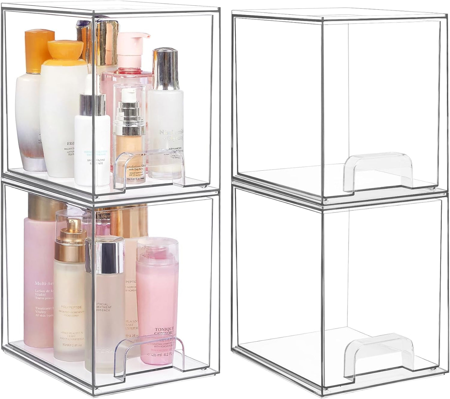 Vtopmart 7.6" H Clear Stackable Storage Drawers, 4 Pack Plastic Organizers Bins for Skincare, Cosmetics, Beauty Supplies,Ideal for Vanity, Bathroom,Kitchen Countertop,Cabinet Organization