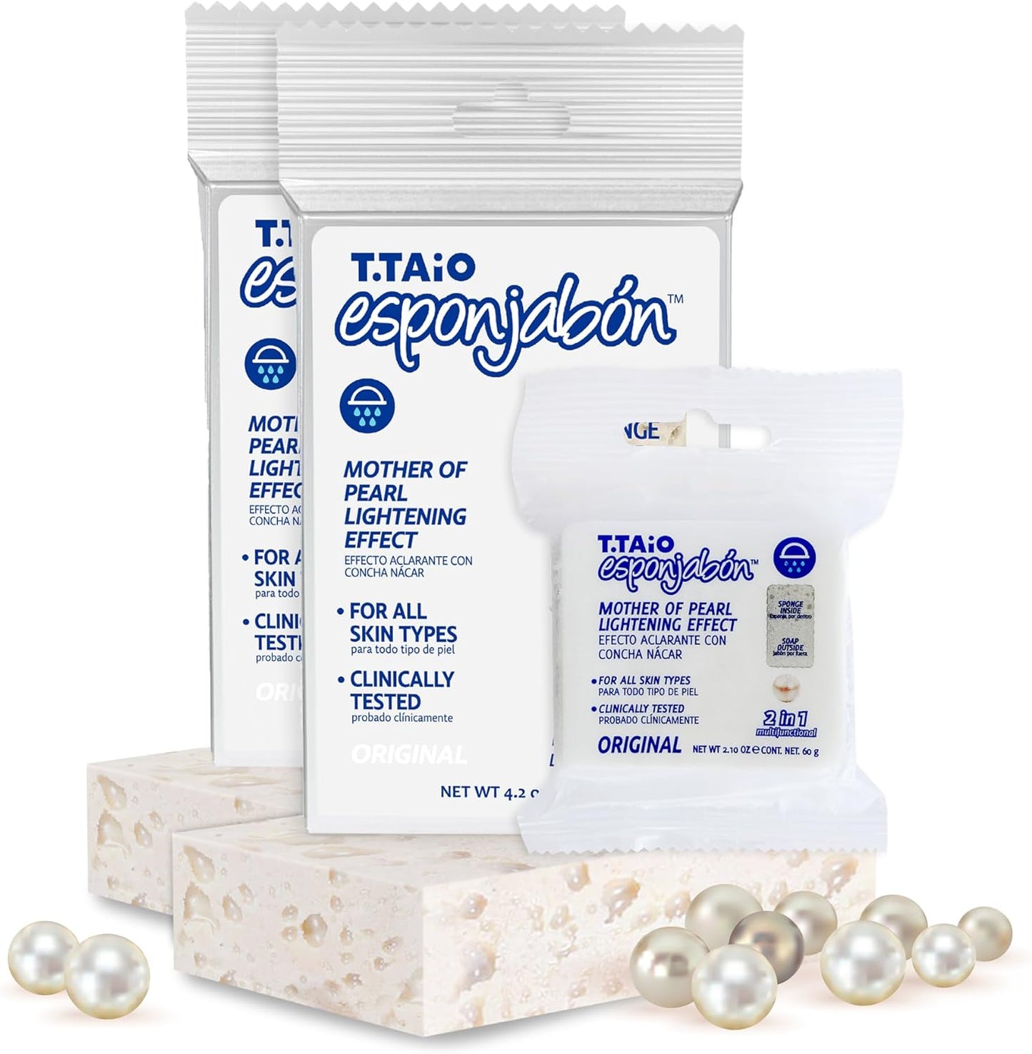 T.Taio Esponjabon Mother of Pearl Soap Sponge - Revitalizing Shower Scrubber for Bath Wash & Oil Removal - Bathroom Essentials with Fresh Scents - Pearl with Mini