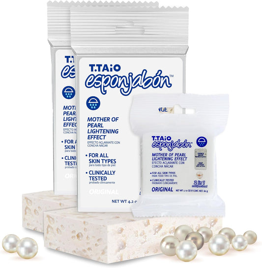 T.Taio Esponjabon Mother of Pearl Soap Sponge - Revitalizing Shower Scrubber for Bath Wash & Oil Removal - Bathroom Essentials with Fresh Scents - Pearl with Mini