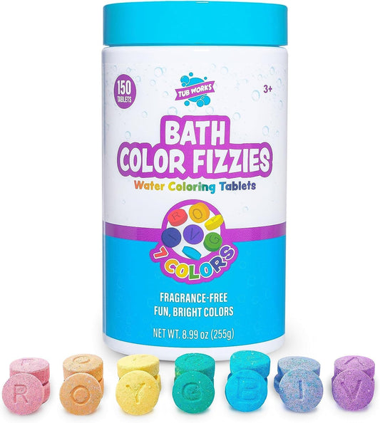 Tub Works¨ Bath Color Fizzies, 150 Count | Nontoxic & Fragrance-Free | Fizzy, Bath Color Tablets for Kids | Create Fun Bath Colors | Water Tablets in 7 Colors for Variety | Bath Bombs for Kids Bath