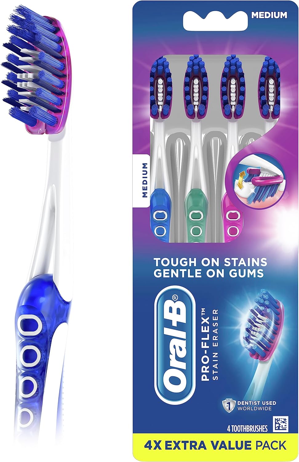 Oral B Pro-Flex Stain Eraser Manual Toothbrush, Medium, 4 Count