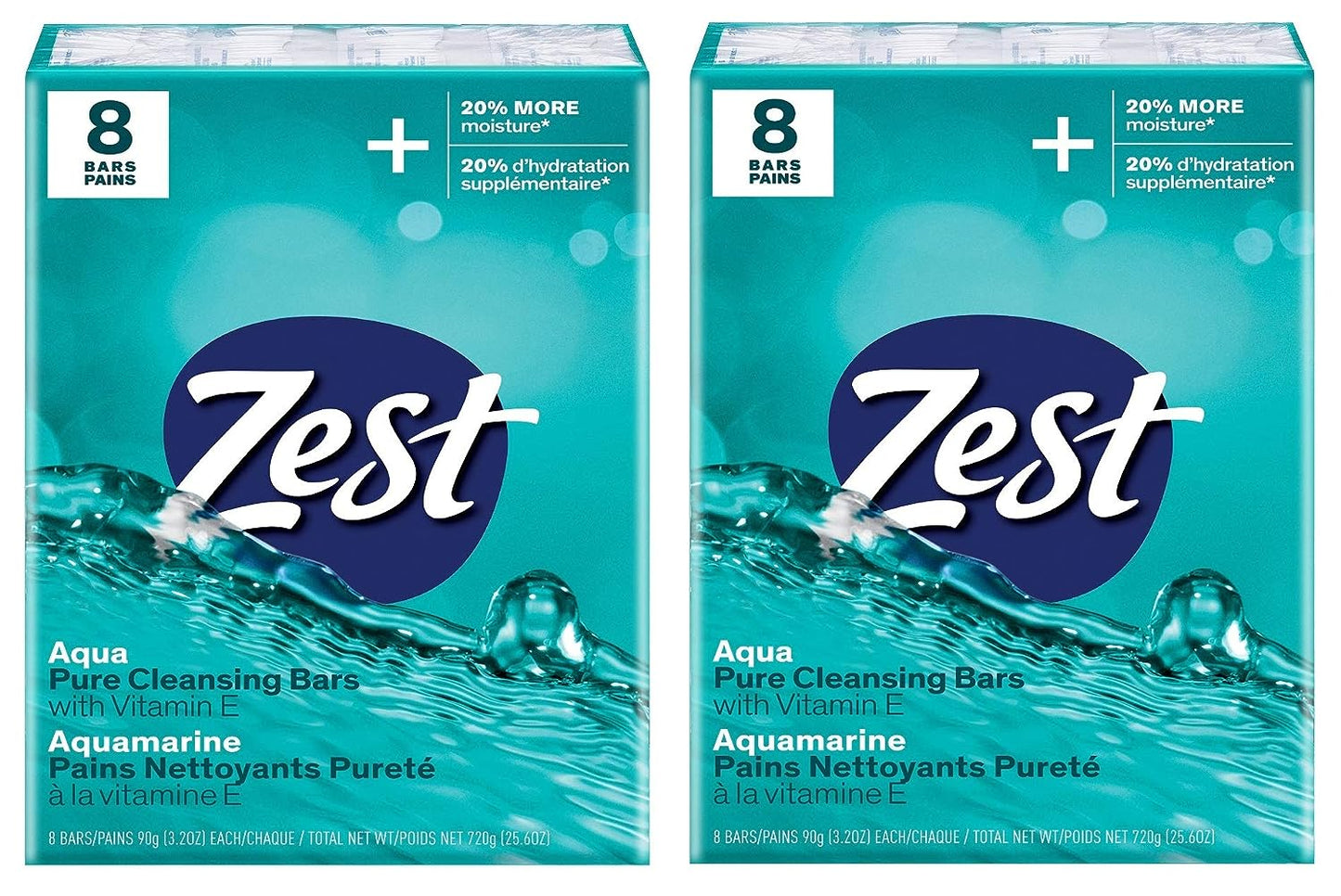 Zest Aqua Pure Cleansing Bar Soap 20% More Moisture 8 Count Pack of 2