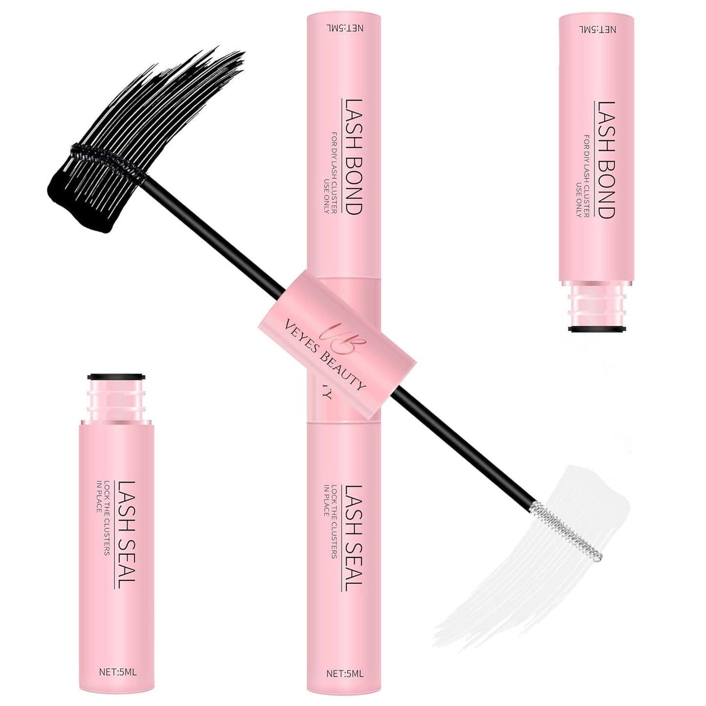 Veyesbeauty Lash Bond and Seal Waterproof 2 in 1 Cluster Lash Glue for Eyelash Extensions Long Lasting Strong Hold Individual Eyelash Glue for Self-Application at Home 5ml+5ml