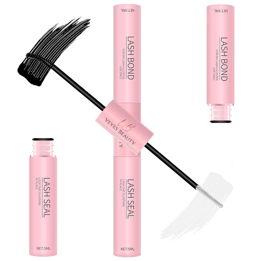 Veyesbeauty Lash Bond and Seal Waterproof 2 in 1 Cluster Lash Glue for Eyelash Extensions Long Lasting Strong Hold Individual Eyelash Glue for Self-Application at Home 5ml+5ml