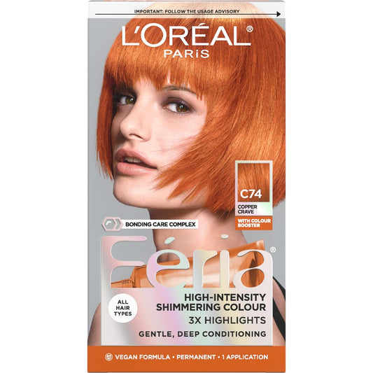 L'Oreal Paris Feria Multi-Faceted Shimmering Permanent Hair Color, C74 Copper Crave (Intense Copper), Pack of 1, Hair Dye