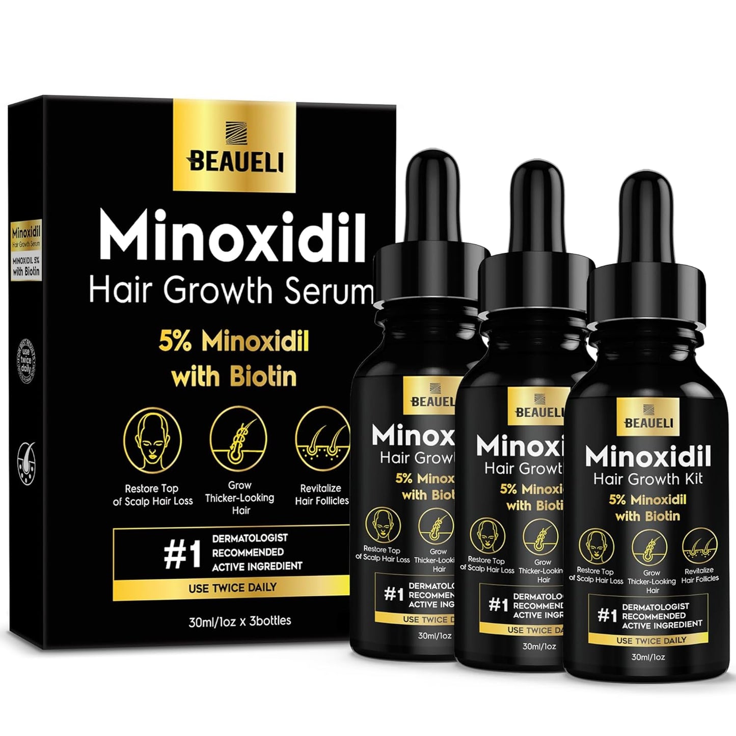 5% Minoxidil for Men and Women, Hair Growth Serum, Hair Growth for Men, Minoxidil 5% & Biotin for Hair Loss 3 bottles