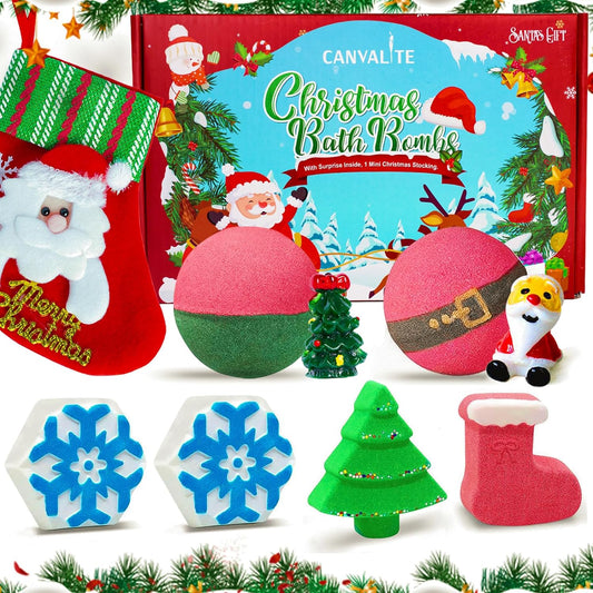 Christmas Bath Bombs for Kids with Surprise Inside, 6Pcs Kids Bath Bombs with Surprise Fizzy Organic Bubble Bath Bomb Set, Christmas Gifts for Kids, Girls, Boys(with 1 Mini Christmas Stocking)