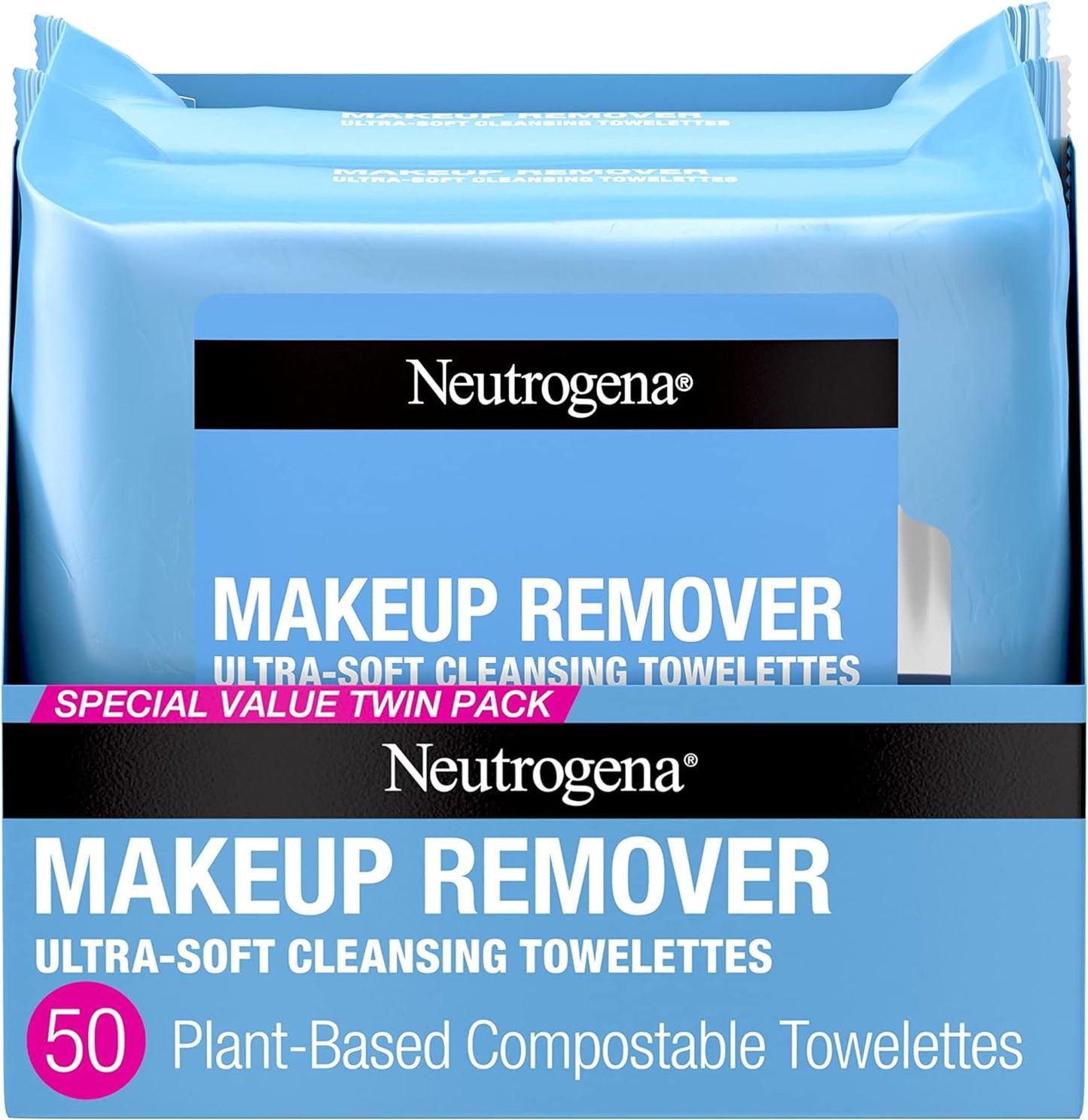 Neutrogena Cleansing Fragrance Free Makeup Remover Face Wipes, Cleansing Facial Towelettes for Waterproof Makeup, Alcohol-Free, Unscented, 100% Plant-Based Fibers, Twin Pack, 2 x 25 ct