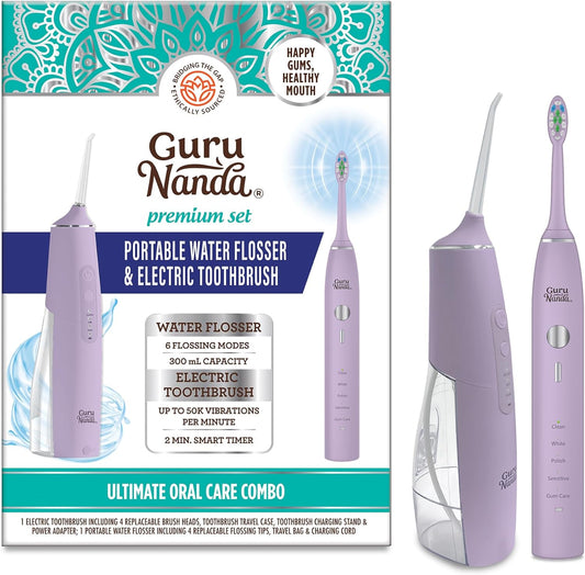 GuruNanda Lion & Lamb Kit - IPX8 Waterproof Portable Water Flosser (300ml) & 5000 mAH Power Rechargeable Sonic Toothbrush with 4 Jet Tips, 4 Brush Heads & Travel Case - for Whiter Teeth (Lavender)