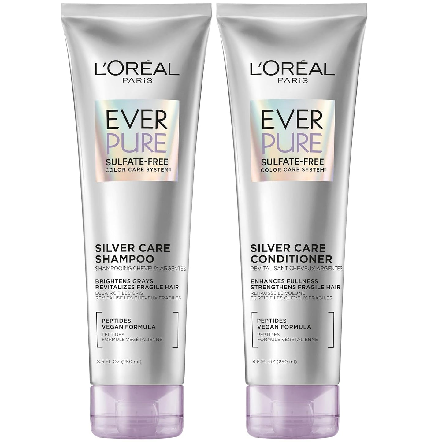 L'Oreal Paris EverPure Silver Care Shampoo and Conditioner Set, Brightening and Nourishing Sulfate Free Hair Care for Gray and Silver Hair, Vegan Formula with Peptides, 1 Kit