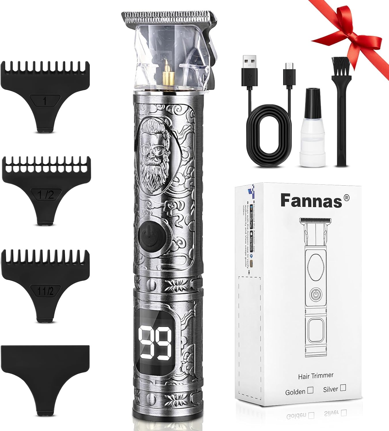Fannas Hair Clippers for Men, Professional Hair Trimmer Barber Cordless Zero Gapped Hair Clippers with LCD Display, Mens Gifts Beard Trimmer T Liners Shavers Edgers Clipper for Hair Cutting - Silver