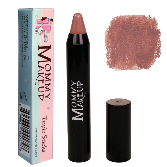Mommy Makeup Triple Sticks Lipstick & Cream Blush in Bare Babe (A Natural Beige with A Hint of Warm Pink) - Soft & Creamy, Moisturizing Multistick For Lips & Cheeks with Medium Coverage