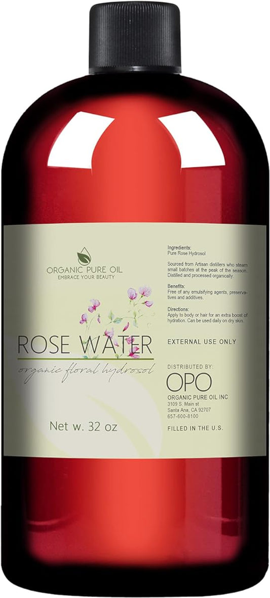 32 oz Rose Hydrosol Water Ð 100% Pure Rosewater Spray Mist Bulk Ð Hydrating Face Toner Rose Water for Skin and Hair Linen Spray for Sheets Room Freshener Body Spray Refill by Organic Pure Oil