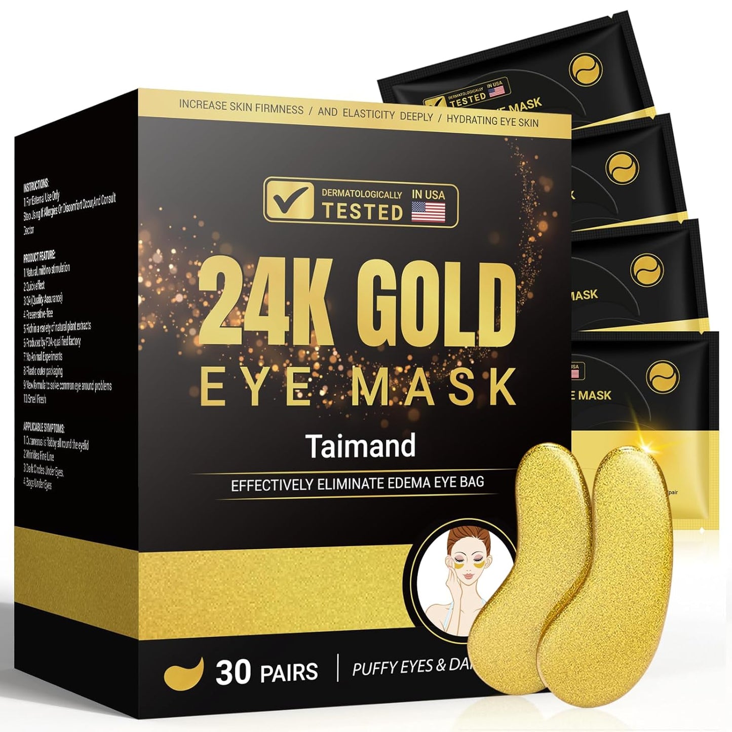 Taimand Under Eye Patches (30 Pairs), 24K Gold Under Eye Mask for Puffy Eyes, Dark Circles,Bags and Wrinkles with Collagen,Relieves Pressure and Reduces Wrinkles,Revitalises and Refreshes Your Skin