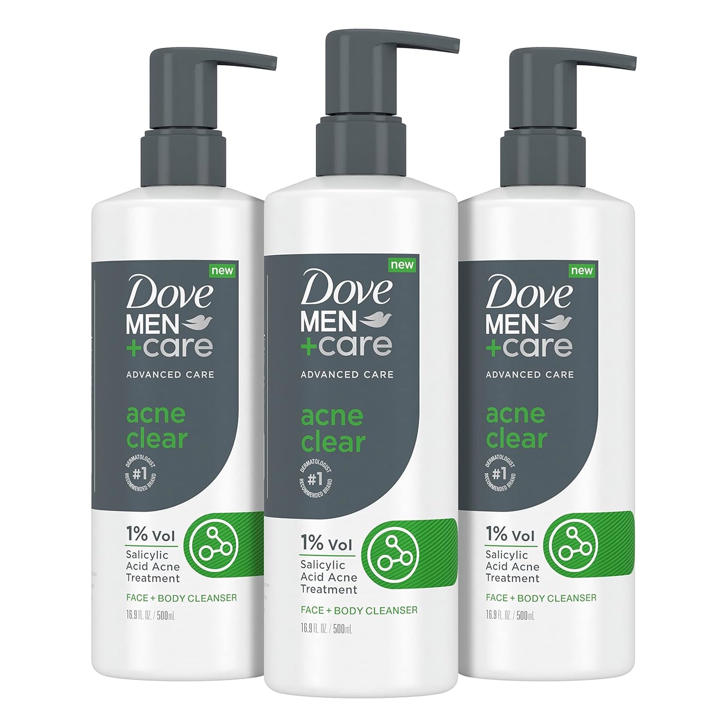 DOVE MEN + CARE Advanced Care Cleanser Acne Clear 3 Count for Acne Prone Skin Face + Body Cleanser with 1% Salicylic Acid 16.9 oz
