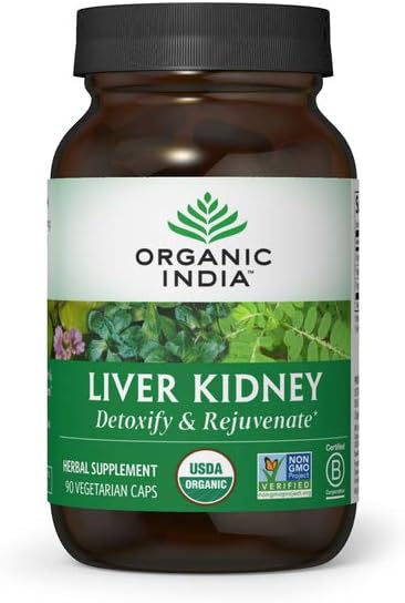 ORGANIC INDIA Liver Kidney Herbal Supplement - Detoxify & Rejuvenate, Supports Healthy Liver & Kidney Function, Vegan, Gluten-Free, Kosher, USDA Certified Organic, Non-GMO - 90 Capsules