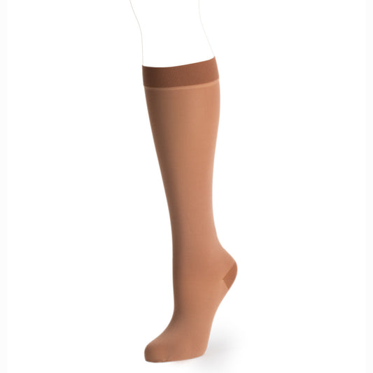 Knit-rite prosthetic cosmetic hosiery below knee in latin skin tone.